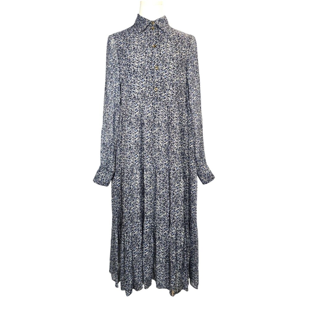 GANNI Tiered Midi Floral Georgette Dress Blue Floral Print Button‎ Up SZ 32